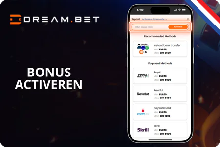 DreamBet Bonuscode invullen in het stortingsscherm op de telefoon